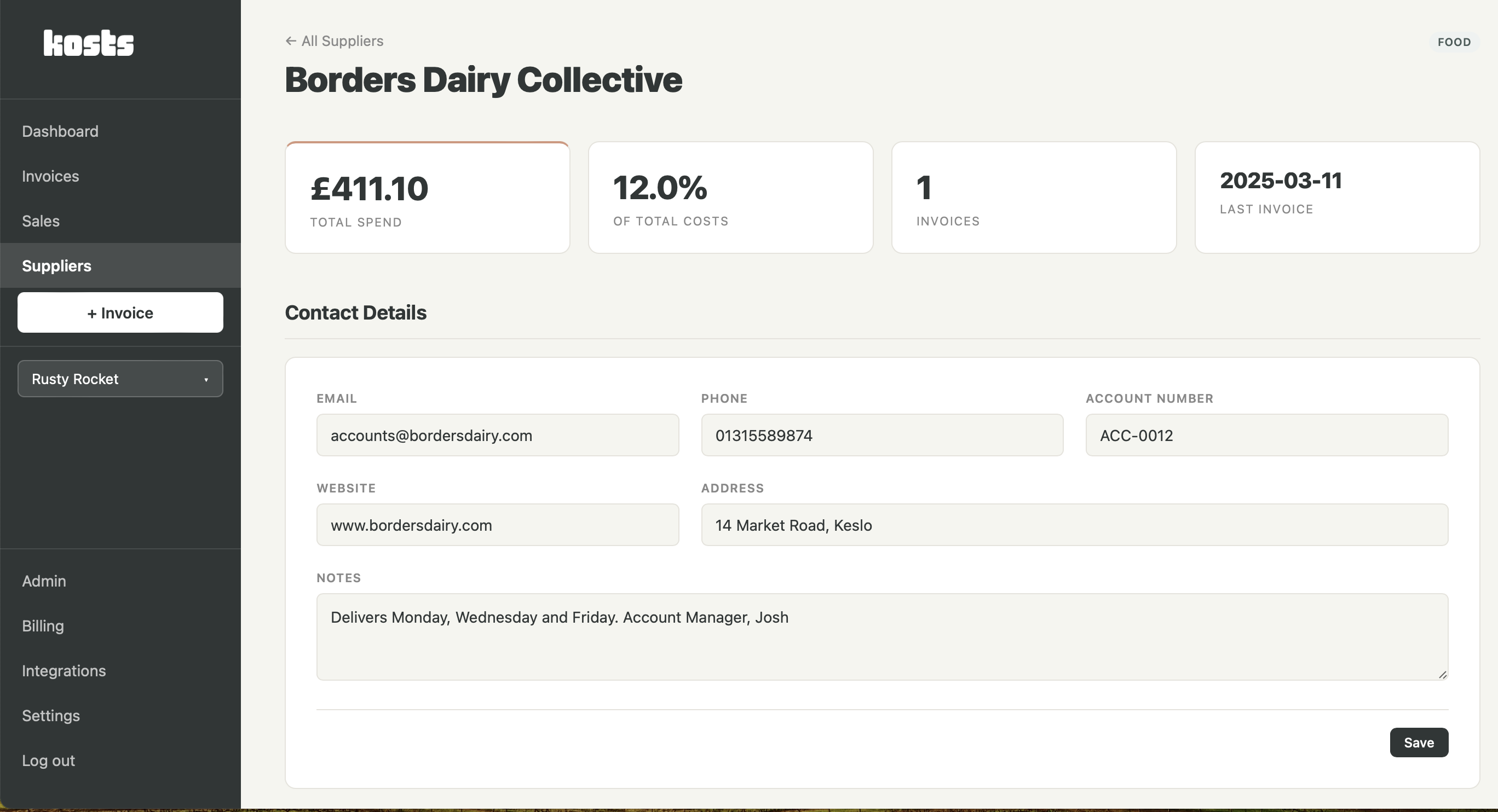 Supplier tracking in Kosts